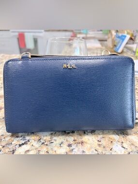Ralph Lauren Women's Navy Blue Gold Leather Wallet